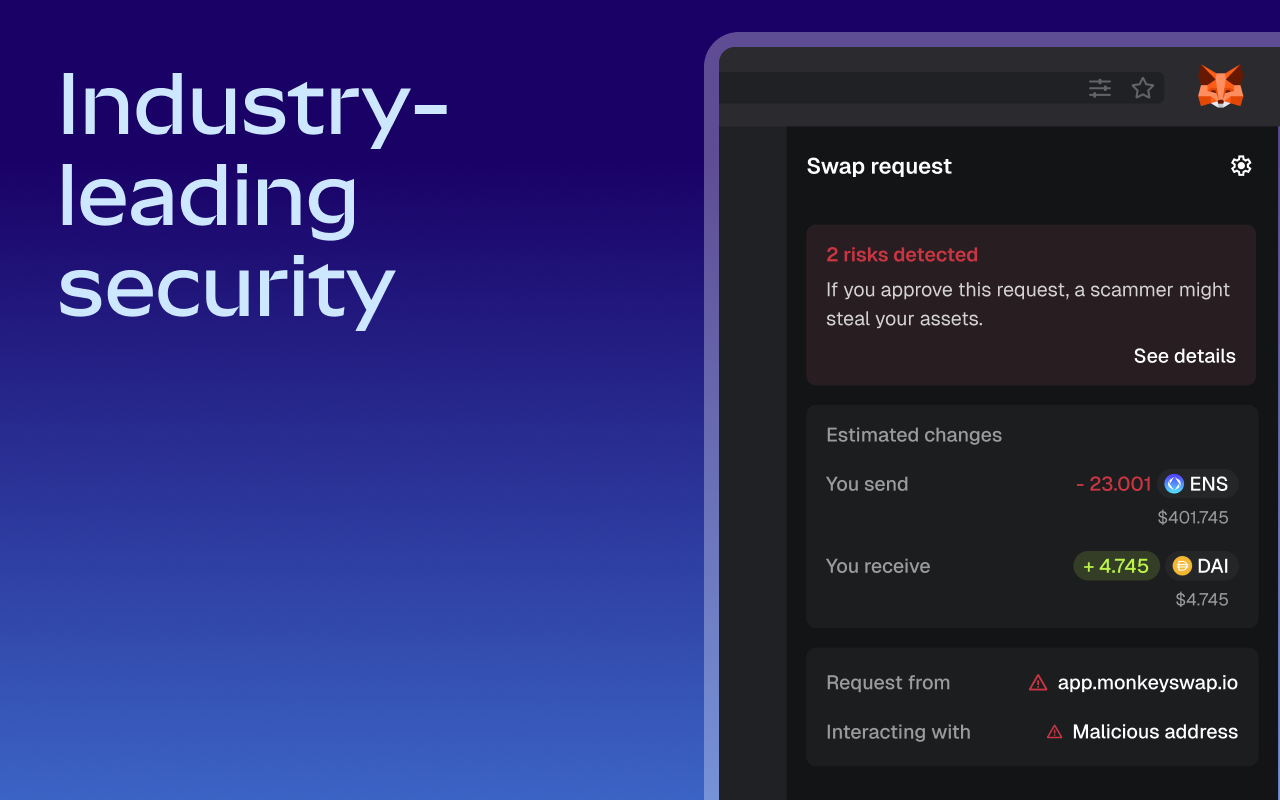 MetaMask extension flagging a swap request with a scam warning