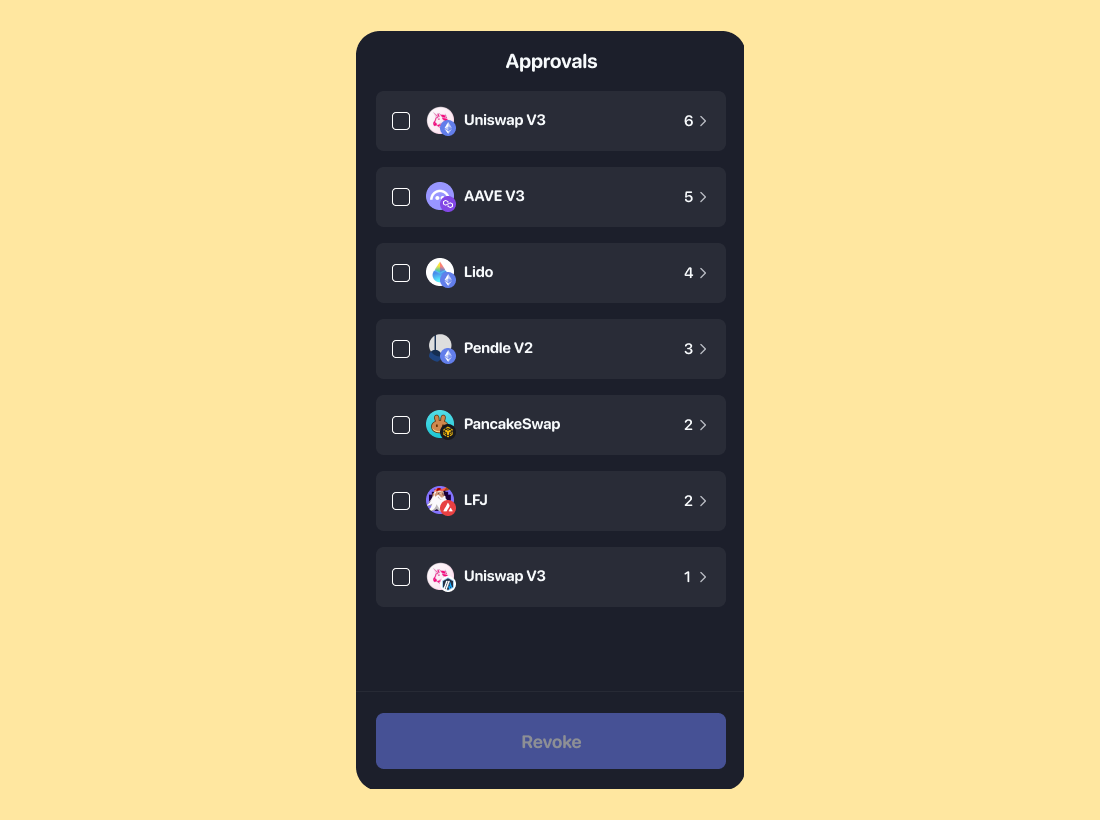 Rabby Wallet Approvals screen listing token approvals to dapps such as Uniswap V3, Aave V3 and Lido, with a Revoke button