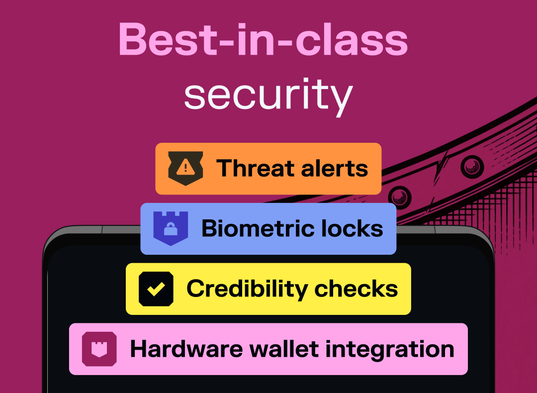 Solflare's security features: threat alerts, biometric locks, credibility checks and hardware wallet integration