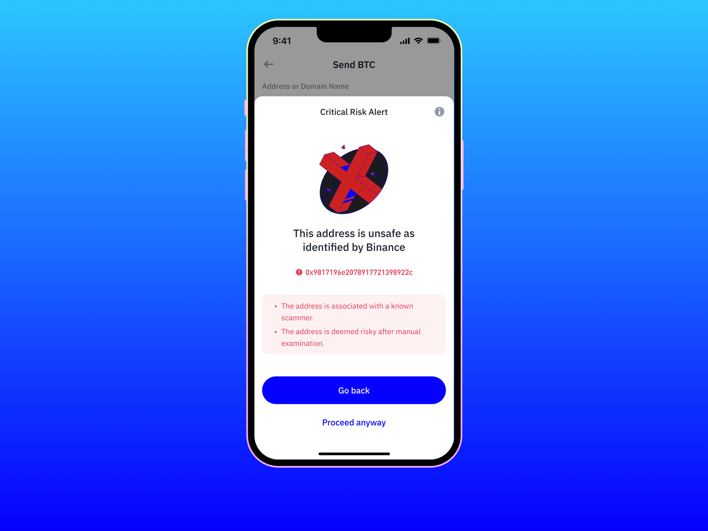 Trust Wallet mobile app showing a Critical Risk Alert that blocks sending to an address linked to a known scammer