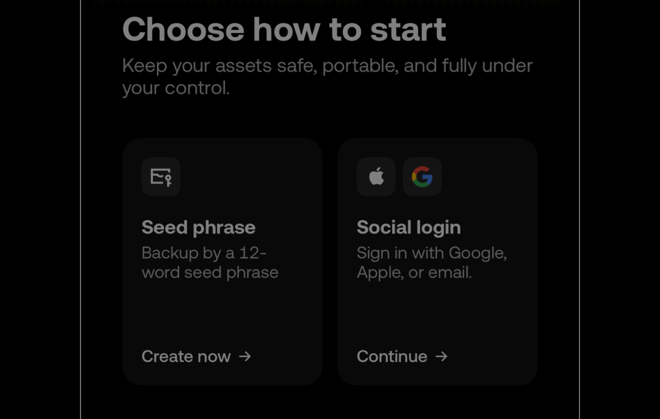 OKX Wallet app's Choose how to start screen offering a seed phrase wallet backed up by a 12-word seed phrase, or social login with Google, Apple, or email