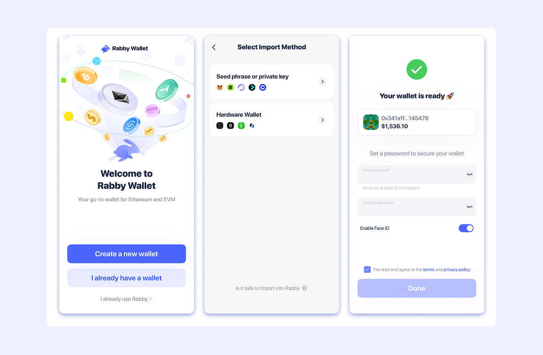 Three Rabby mobile screens: Welcome to Rabby Wallet, Select Import Method with Seed phrase or private key and Hardware Wallet, and Your wallet is ready