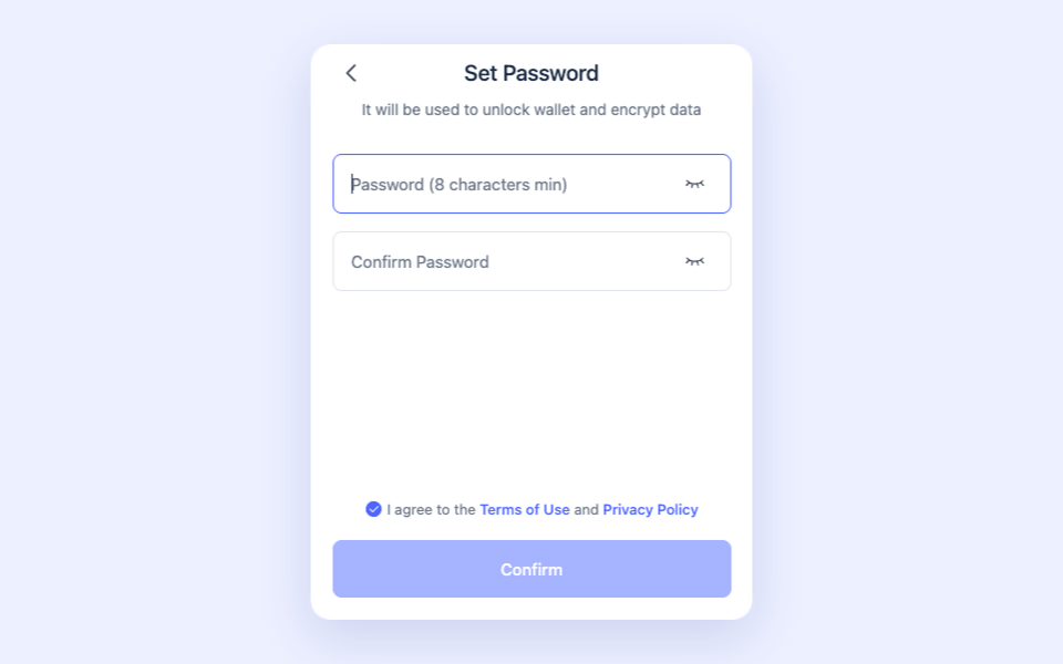 Rabby Wallet Set Password screen explaining that the password will be used to unlock the wallet and encrypt data