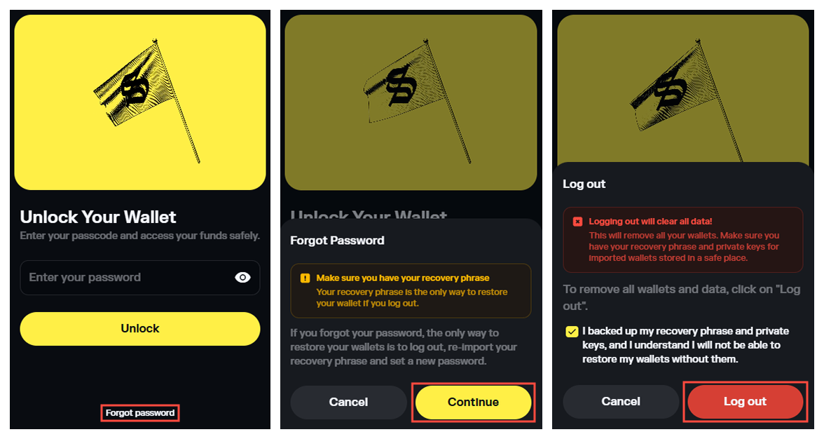 Solflare's Forgot password flow: the unlock screen, a warning that the recovery phrase is the only way to restore, and the log-out confirmation