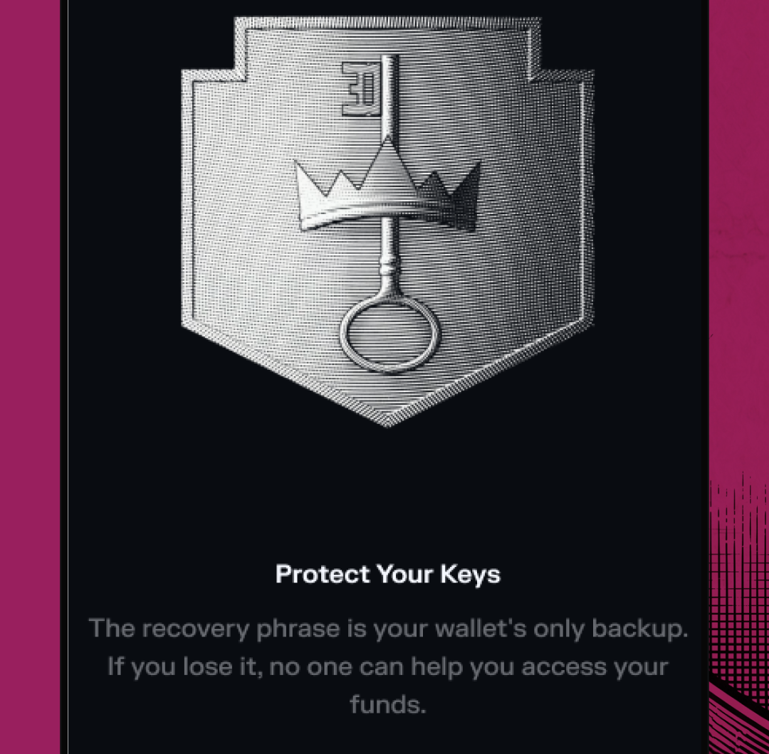 Solflare app screen titled Protect Your Keys: the recovery phrase is your wallet's only backup; if you lose it, no one can help you access your funds